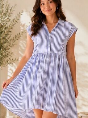 Victoria Beckham for Target Blue and White Striped High-Low Shirt Dress